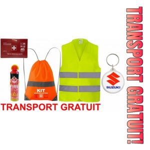 Set Kit siguranta auto cu saculet compact ce contine - Stingator spray 1kg, Trusa Medicala omolgata R.A.R, Vesta Reflectorizanta, Breloc Cadou SUZUKI, compatibil cu orice autoturism.