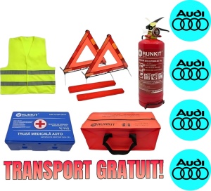 Set Kit siguranta auto omologat R.A.R, Stingator cu manometru 1kg P1 , Trusa Medicala, 2 Triunghiuri Reflectorizante, geanta color - albastra + Stickere Cadou AUDI - kit compatibil cu orice autoturism