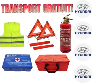 Set Kit siguranta auto omologat R.A.R, Stingator cu manometru 1kg P1 , Trusa Medicala, 2 Triunghiuri Reflectorizante, geanta color - albastra + Stickere Cadou HYUNDAI- kit compatibil cu orice autoturism