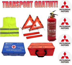 Set Kit siguranta auto omologat R.A.R, Stingator cu manometru 1kg P1 , Trusa Medicala, 2 Triunghiuri Reflectorizante, geanta color - albastra + Stickere Cadou MITSUBISHI- kit compatibil cu orice autoturism