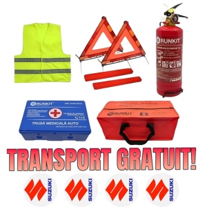 Set Kit siguranta auto omologat R.A.R, Stingator cu manometru 1kg P1 , Trusa Medicala, 2 Triunghiuri Reflectorizante, geanta color - albastra + Stickere Cadou SUZUKI- kit compatibil cu orice autoturism