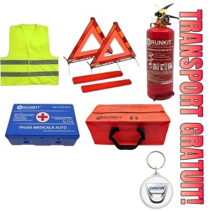Set Kit siguranta auto omologat R.A.R, Stingator cu manometru 1kg P1 , Trusa Medicala, 2 Triunghiuri Reflectorizante, geanta color - albastra + Breloc Cadou DACIA- kit compatibil cu orice autoturism - Img 1