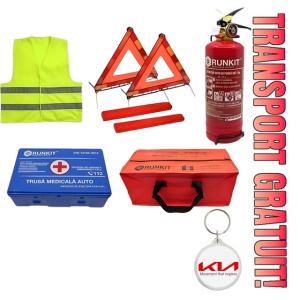 Set Kit siguranta auto omologat R.A.R, Stingator cu manometru 1kg P1 , Trusa Medicala, 2 Triunghiuri Reflectorizante, geanta color - albastra + Breloc Cadou KIA- kit compatibil cu orice autoturism