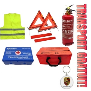 Set Kit siguranta auto omologat R.A.R, Stingator cu manometru 1kg P1 , Trusa Medicala, 2 Triunghiuri Reflectorizante, geanta color - albastra + Breloc Cadou PORSCHE- kit compatibil cu orice autoturism