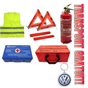Set Kit siguranta auto omologat R.A.R, Stingator cu manometru 1kg P1 , Trusa Medicala, 2 Triunghiuri Reflectorizante, geanta color - albastra + Breloc Cadou VOLKSWAGEN- kit compatibil cu orice autoturism