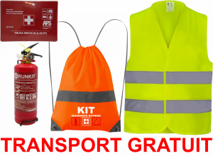 Set Kit siguranta auto OMOLOGAT RAR cu saculet compact ce contine - Stingator cu manometru P1 1kg, Trusa Medicala , vesta reflectorizanta. Compatibil cu orice autoturism accesorii pentru autoturismul tau - masina v84965