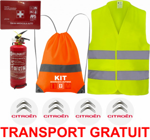 Set Kit siguranta auto OMOLOGAT RAR cu saculet compact ce contine - Stingator cu manometru P1 1kg, Trusa Medicala , Vesta Reflectorizanta, Stickere Cadou Citroen. Compatibilitate cu orice autoturism accesorii pentru autoturismul tau - masina v67349