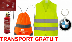 Set Kit siguranta auto OMOLOGAT RAR cu saculet compact ce contine - Stingator cu manometru P1 1kg, Trusa Medicala , Vesta Reflectorizanta, Breloc Cadou BMW. Compatibilitate cu orice autoturism accesorii pentru autoturismul tau - masina v67199