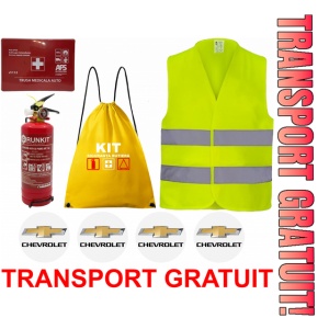 Set Kit siguranta auto OMOLOGAT RAR cu saculet compact ce contine - Stingator cu manometru P1 1kg, Trusa Medicala , Vesta Reflectorizanta, Stickere Cadou CHEVROLET. Compatibil cu orice autoturism.