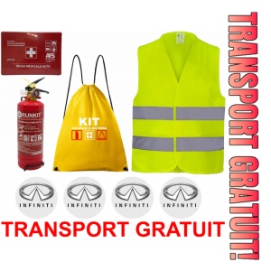 Set Kit siguranta auto OMOLOGAT RAR cu saculet compact ce contine - Stingator cu manometru P1 1kg, Trusa Medicala , Vesta Reflectorizanta, Stickere Cadou INFINITI. Compatibil cu orice autoturism.