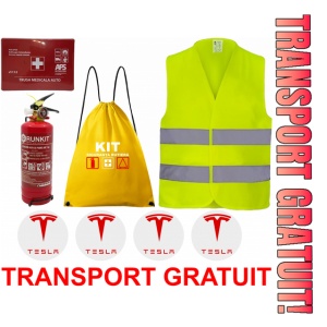 Set Kit siguranta auto OMOLOGAT RAR cu saculet compact ce contine - Stingator cu manometru P1 1kg, Trusa Medicala , Vesta Reflectorizanta, Stickere Cadou TESLA. Compatibil cu orice autoturism.