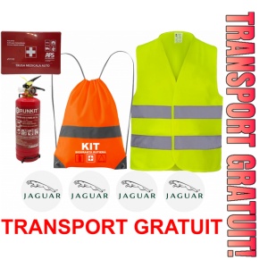 Set Kit siguranta auto OMOLOGAT RAR cu saculet compact ce contine - Stingator cu manometru P1 1kg, Trusa Medicala , Vesta Reflectorizanta, Stickere Cadou JAGUAR. Compatibilitate cu orice autoturism