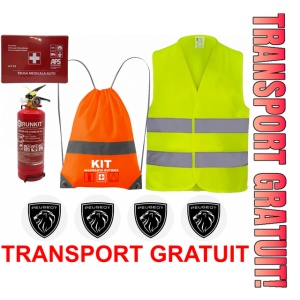 Set Kit siguranta auto OMOLOGAT RAR cu saculet compact ce contine - Stingator cu manometru P1 1kg, Trusa Medicala , Vesta Reflectorizanta, Stickere Cadou PEUGEOT. Compatibilitate cu orice autoturism