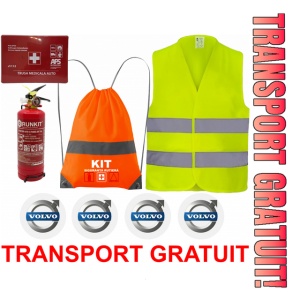 Set Kit siguranta auto OMOLOGAT RAR cu saculet compact ce contine - Stingator cu manometru P1 1kg, Trusa Medicala , Vesta Reflectorizanta, Stickere Cadou VOLVO. Compatibilitate cu orice autoturism