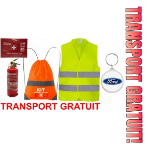 Set Kit siguranta auto OMOLOGAT RAR cu saculet compact ce contine - Stingator cu manometru P1 1kg, Trusa Medicala , Vesta Reflectorizanta, Breloc Cadou Ford. Compatibilitate cu orice autoturism