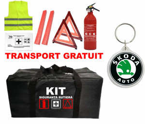 Set Kit - Trusa siguranta auto omologat R.A.R, Stingator cu manometru 1kg P1 , Trusa Medicala, 2 Triunghiuri Reflectorizante , 1 Breloc SKODA accesorii pentru autoturismul tau - masina v92671