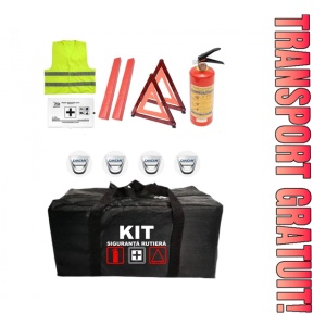 Set Kit - Trusa siguranta auto omologat R.A.R, Stingator cu manometru 1kg P1 , Trusa Medicala, 2 Triunghiuri Reflectorizante , 4 stickere autoadezive Dacia