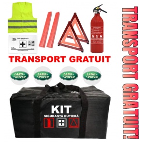 Set Kit - Trusa siguranta auto omologat R.A.R, Stingator cu manometru 1kg P1 , Trusa Medicala, 2 Triunghiuri Reflectorizante , 4 stickere autoadezive LANDROVER
