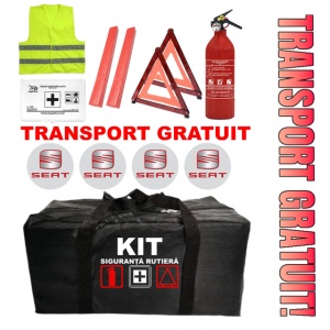 Set Kit - Trusa siguranta auto omologat R.A.R, Stingator cu manometru 1kg P1 , Trusa Medicala, 2 Triunghiuri Reflectorizante , 4 stickere autoadezive SEAT