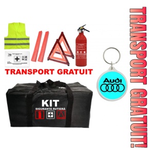Set Kit - Trusa siguranta auto omologat R.A.R, Stingator cu manometru 1kg P1 , Trusa Medicala, 2 Triunghiuri Reflectorizante , 1Breloc AUDI