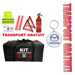 Set Kit - Trusa siguranta auto omologat R.A.R, Stingator cu manometru 1kg P1 , Trusa Medicala, 2 Triunghiuri Reflectorizante , 1 Breloc MAZDA