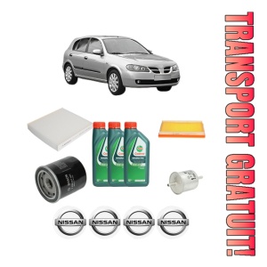 Set Pachet filtre revizie Bosch, 3 litrii ulei Castrol 10W40 NISSAN ALMERA II Hatchback (N16) 1.8 din 2000-2002, 4x Stickere auto cu NISSAN