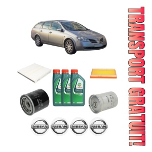 Set Pachet filtre revizie Bosch, 3 litrii ulei Castrol 10W40 NISSAN PRIMERA Hatchback (P12) 1.8 din 2002-2008, 4x Stickere auto cu NISSAN