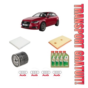Set Pachet filtre revizie Bosch, 4 litrii ulei Castrol 0W20 AUDI A3 Sportback (8YA, 8YF) 40 TFSIe din 2020, 4x Stickere auto cu AUDI