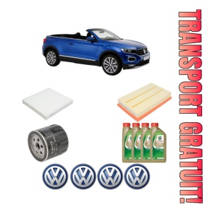 Set Pachet filtre revizie Bosch, 4 litrii ulei Castrol 0W20 Volkswagen T-ROC Convertible (AC7, AC8) 1.0 TSI din 2019, 4x Stickere auto cu Volkswagen