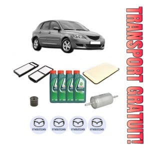 Set Pachet filtre revizie Bosch, 4 litrii ulei Castrol 10W40 MAZDA 3 (BK) 1.3 (BK14) din 2003-2009, 4x Stickere auto cu MAZDA