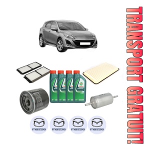 Set Pachet filtre revizie Bosch, 4 litrii ulei Castrol 10W40 MAZDA 3 (BL) 1.6 MZR (BL14) din 2008-2014, 4x Stickere auto cu MAZDA