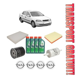 Set Pachet filtre revizie Bosch, 4 litrii ulei Castrol 10W40 OPEL ASTRA G Saloon (T98) 1.6 LPG (F69) din 2000-2005, 4x Stickere auto cu OPEL
