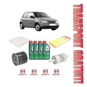 Set Pachet filtre revizie Bosch, 4 litrii ulei Castrol 10W40 SEAT AROSA (6H1) 1.4 16V din 2000-2004, 4x Stickere auto cu SEAT