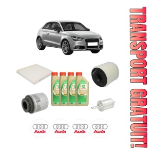 Set Pachet filtre revizie Bosch, 4 litrii ulei Castrol 5W30 AUDI A1 (8X1, 8XK) 1.4 TFSI din 2010-2015, 4x Stickere auto cu AUDI