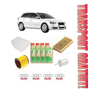 Set Pachet filtre revizie Bosch, 4 litrii ulei Castrol 5W30 AUDI A3 Sportback (8PA) 1.6 FSI din 2004-2007, 4x Stickere auto cu AUDI