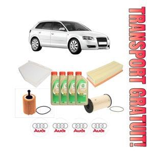 Set Pachet filtre revizie Bosch, 4 litrii ulei Castrol 5W30 AUDI A3 Sportback (8PA) 2.0 TDI din 2006-2013, 4x Stickere auto cu AUDI