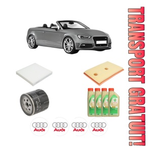 Set Pachet filtre revizie Bosch, 4 litrii ulei Castrol 5W30 AUDI A3 Convertible (8V7, 8VE) 1.4 TFSI din 2016-2020, 4x Stickere auto cu AUDI