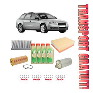 Set Pachet filtre revizie Bosch, 4 litrii ulei Castrol 5W30 AUDI A4 B7 Avant (8ED) 2.0 TDI din 2004-2008, 4x Stickere auto cu AUDI