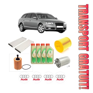 Set Pachet filtre revizie Bosch, 4 litrii ulei Castrol 5W30 AUDI A6 C6 Avant (4F5) 2.0 TDI din 2005-2008, 4x Stickere auto cu AUDI