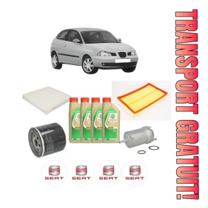 Set Pachet filtre revizie Bosch, 4 litrii ulei Castrol 5W30 SEAT IBIZA III (6L1) 1.6 din 2003-2009, 4x Stickere auto cu SEAT