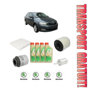 Set Pachet filtre revizie Bosch, 4 litrii ulei Castrol 5W30 SKODA RAPID (NH3, NK3, NK6) 1.4 TSI din 2012-2015, 4x Stickere auto cu SKODA