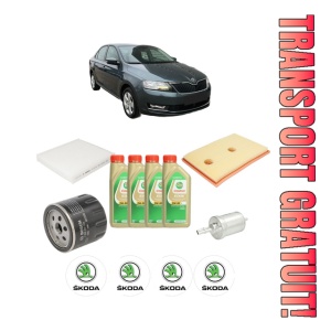 Set Pachet filtre revizie Bosch, 4 litrii ulei Castrol 5W30 SKODA RAPID (NH3, NK3, NK6) 1.2 TSI din 2015-2019, 4x Stickere auto cu SKODA