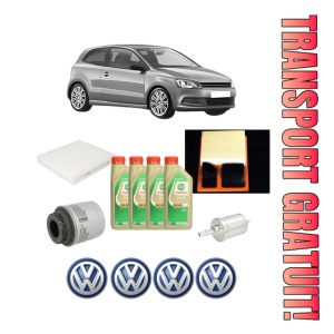 Set Pachet filtre revizie Bosch, 4 litrii ulei Castrol 5W30 Volkswagen POLO V (6R1, 6C1) 1.6 BiFuel din 2011-2014, 4x Stickere auto cu Volkswagen