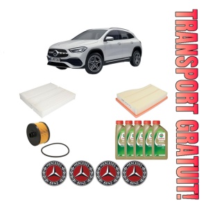 Set Pachet filtre revizie Bosch, 5 litrii ulei Castrol 0W20 MERCEDES-BENZ GLA (H247) GLA 250 e (247.786) din 2020, 4x Stickere auto cu MERCEDES-BENZ