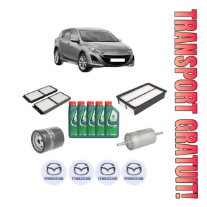 Set Pachet filtre revizie Bosch, 5 litrii ulei Castrol 10W40 MAZDA 3 (BL) 2.0 DISI (BLEFW) din 2009-2012, 4x Stickere auto cu MAZDA