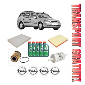 Set Pachet filtre revizie Bosch, 5 litrii ulei Castrol 10W40 OPEL ASTRA G Estate (T98) 1.8 16V (F35) din 2000-2004, 4x Stickere auto cu OPEL
