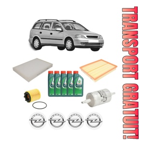 Set Pachet filtre revizie Bosch, 5 litrii ulei Castrol 10W40 OPEL ASTRA G Estate (T98) 2.2 16V (F35) din 2001-2004, 4x Stickere auto cu OPEL