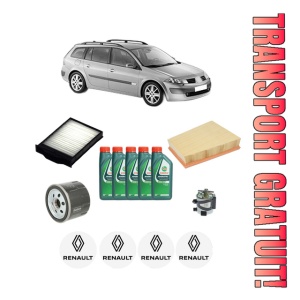 Set Pachet filtre revizie Bosch, 5 litrii ulei Castrol 10W40 RENAULT MEGANE II Estate (KM0/1_) 1.5 dCi (KM1F) din 2005-2009, 4x Stickere auto cu RENAULT