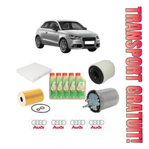 Set Pachet filtre revizie Bosch, 5 litrii ulei Castrol 5W30 AUDI A1 (8X1, 8XK) 1.6 TDI din 2011-2015, 4x Stickere auto cu AUDI
