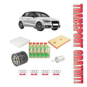 Set Pachet filtre revizie Bosch, 5 litrii ulei Castrol 5W30 AUDI A1 Sportback (8XA, 8XF) 1.4 TFSI din 2014-2018, 4x Stickere auto cu AUDI